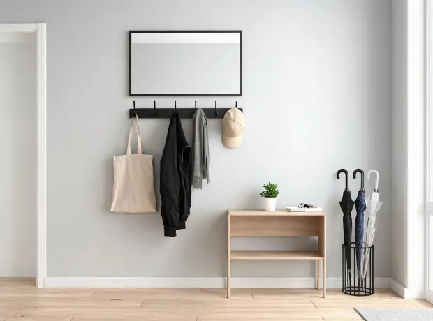 Homeowners organizing an entryway with Umbra products